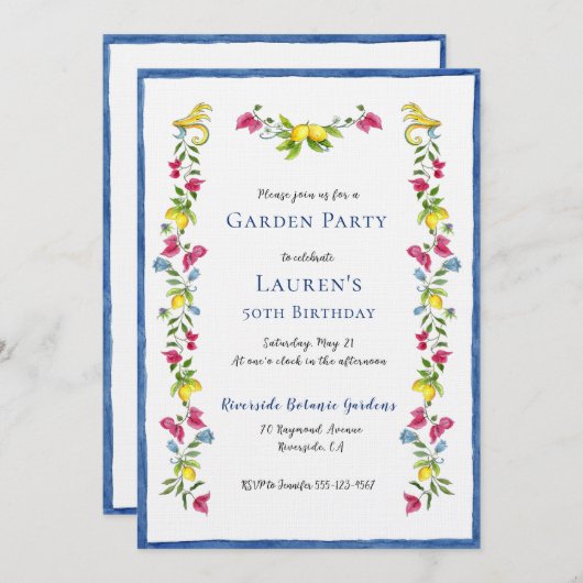 Mediterrane Blumengarten Geburtstagspartei Einladung (Vorne/Hinten)
