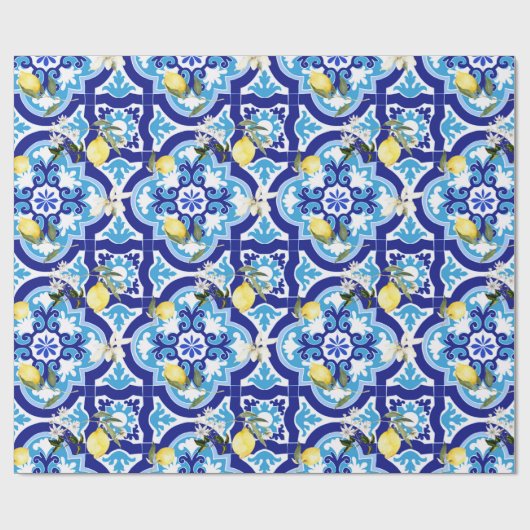 mediterrane Fliesen, blaue Fliesen, Zitrone, Geschenkpapier (Flach)