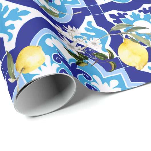 mediterrane Fliesen, blaue Fliesen, Zitrone, Geschenkpapier (Rolleneckpunkt)