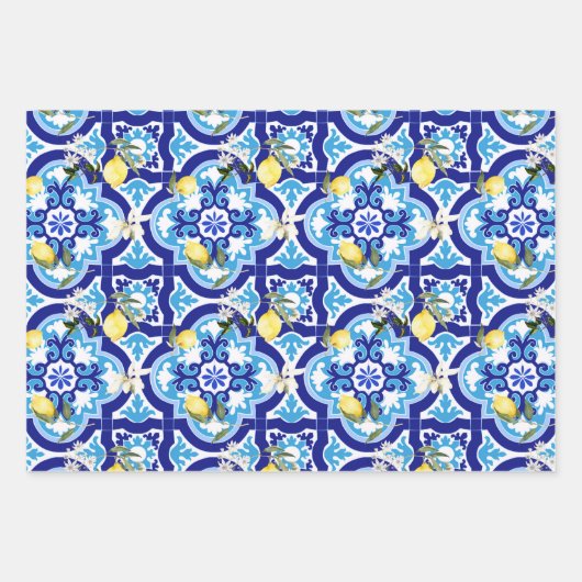 mediterrane Fliesen, blaue Fliesen, Zitrone, Geschenkpapier Set (Vorderseite)