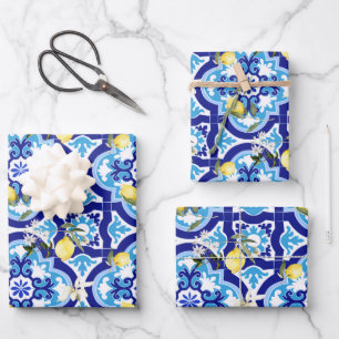 mediterrane Fliesen, blaue Fliesen, Zitrone, Geschenkpapier Set