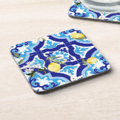 mediterrane Fliesen, blaue Fliesen, Zitrone, Getränkeuntersetzer (Linke Seite)