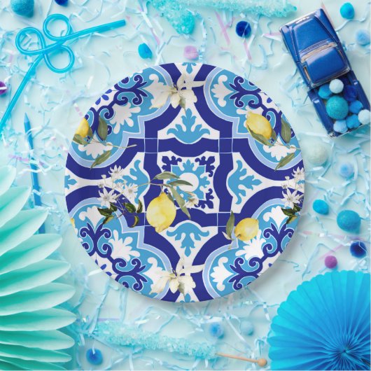 mediterrane Fliesen, blaue Fliesen, Zitrone, Pappteller (Party)