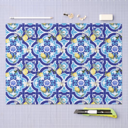 mediterrane Fliesen, blaue Fliesen, Zitrone, Seidenpapier (Handwerk)