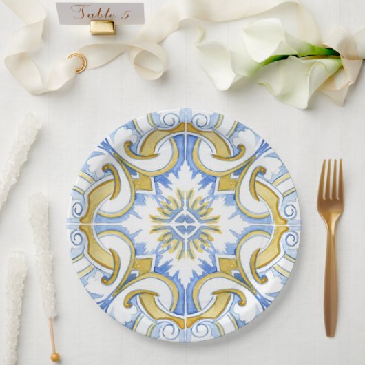 mediterrane Fliesen, Majolika, sizilianischer Stil Pappteller (Hochzeit)