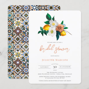 Mediterrane Fliesendusche Vintage Blumen und Zitro Einladung
