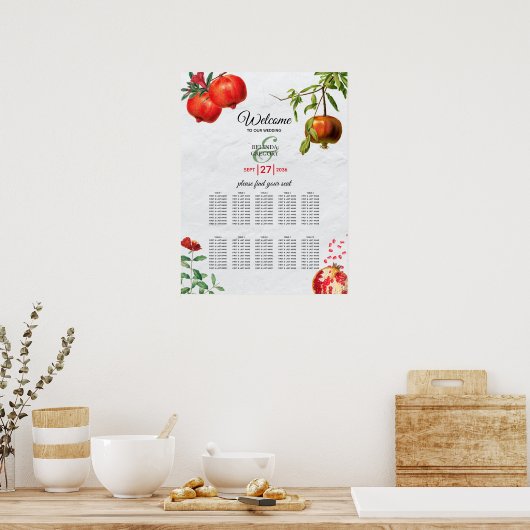 Mediterrane Hochzeitssattelkarte für Granatapfel Poster (Küche)