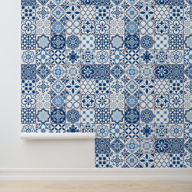 Mediterrane Indidigo Blue Azulejo Mosaic Tiles Tapete (Anwendung)
