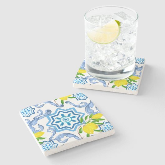 mediterrane Kacheln, Majolika, sizilianischer Stil Steinuntersetzer (Seitenansicht)