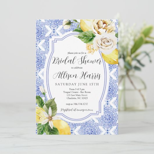 Mediterrane Lemon Bridal Dusche Einladung (Stehend Vorderseite)