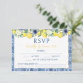 Mediterrane Lemon Hochzeit RSVP Antwortkarte (Stehend Vorderseite)