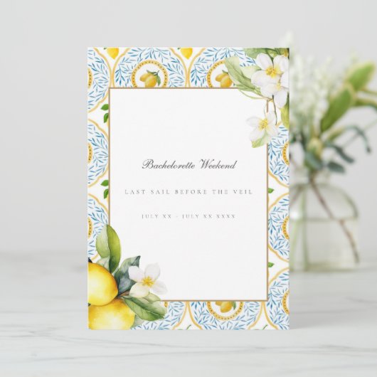 Mediterrane Lemon Tile Bachelorette Wochenende Car Einladung (Stehend Vorderseite)