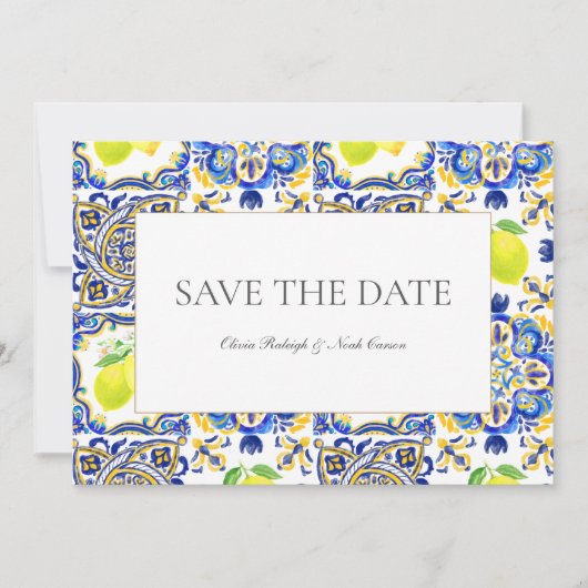 Mediterrane Limone Save the Date Hochzeitskarte (Vorderseite)
