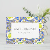 Mediterrane Limone Save the Date Hochzeitskarte (Stehend Vorderseite)