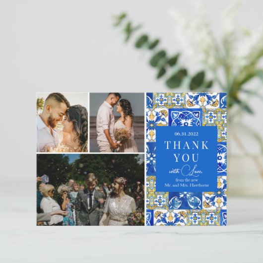 Mediterrane Sommerhochzeit "Danke" Karte (Stehend Vorderseite)