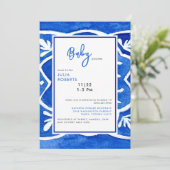 Mediterrane Tile Cobalt Blue Baby Dusche Einladung (Stehend Vorderseite)
