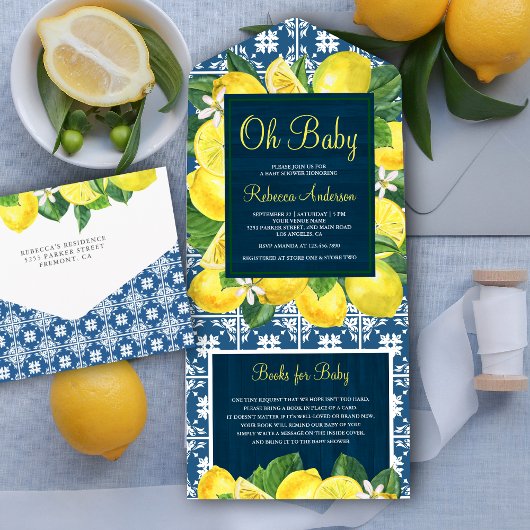 Mediterrane Tile Lemon Orchard Navy Babydusche All In One Einladung