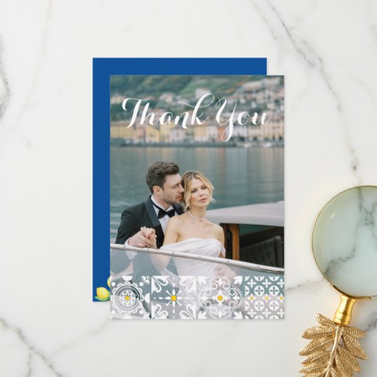 Mediterrane Tile Wasserfarben Lemons Blue Wedding Dankeskarte (Vorderseite/Rückseite Beispiel)