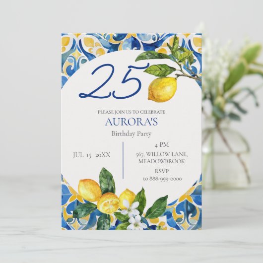 Mediterrane Tiles Lemon 25. Geburtstag Einladung (Stehend Vorderseite)