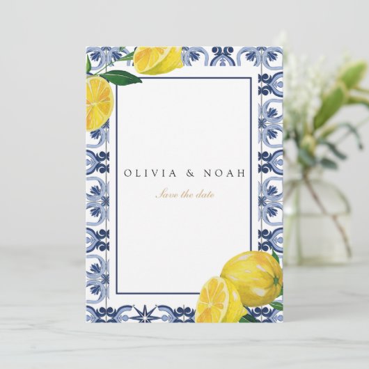 Mediterrane Tiles Save the Date Wedding Card Ankündigung (Stehend Vorderseite)