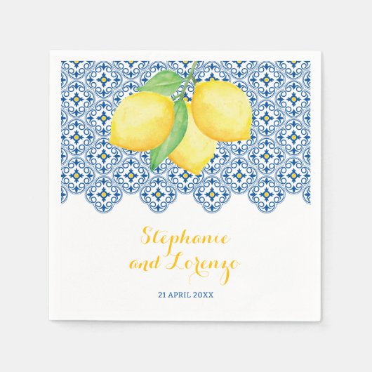 Mediterrane Wasserfarben Lemons Tile Blue Wedding Serviette (Vorderseite)