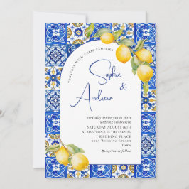 Mediterrane Zitronen Blau Tiles Wedding Foto Einladung