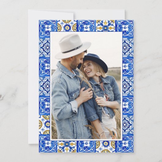 Mediterrane Zitronen Blau Tiles Wedding Foto Einladung (Rückseite)