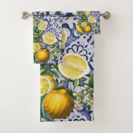 Mediterrane Zitronen Sommer Portugiesische Fliesen Badhandtuch Set