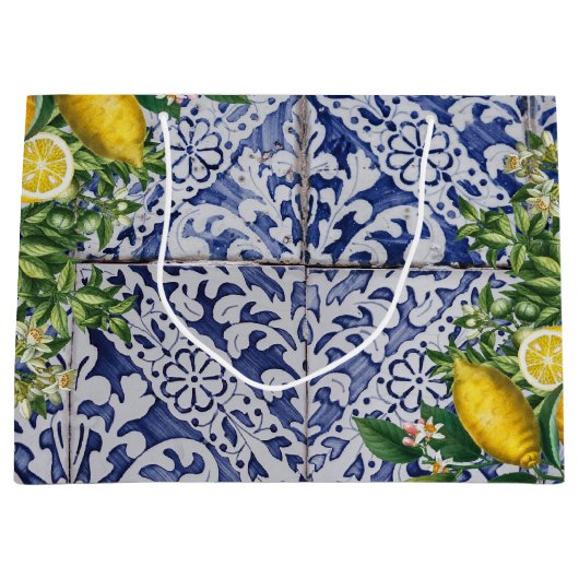 Mediterrane Zitronen Sommer Portugiesische Fliesen Große Geschenktüte (Vorderseite)