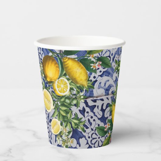 Mediterrane Zitronen Sommer Portugiesische Fliesen Pappbecher (Vorderseite)