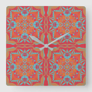 Mediterranean Azulejo Coral Floral  Quadratische Wanduhr