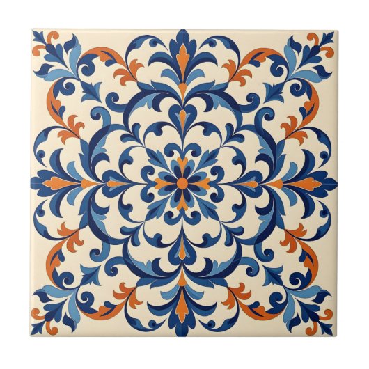 Mediterranean Azulejo Style Navy Blue and Orange Fliese (Vorderseite)