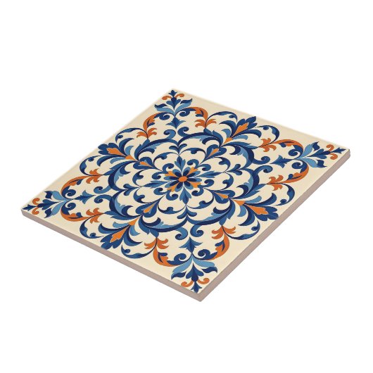 Mediterranean Azulejo Style Navy Blue and Orange Fliese (Seite)