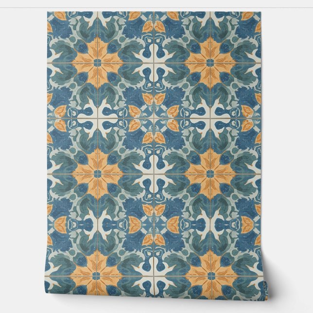 Mediterranean Blue and Gold Pattern Tapete (Abrollen)