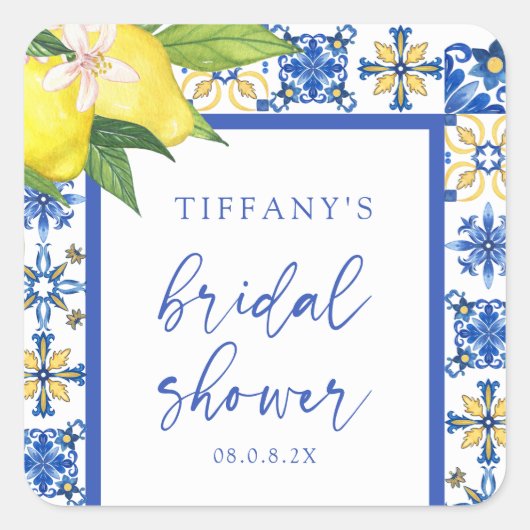 Mediterranean Blue Lemons Brautparty Vielen Dank Quadratischer Aufkleber (Vorderseite)