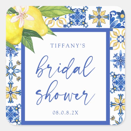 Mediterranean Blue Lemons Brautparty Vielen Dank Quadratischer Aufkleber (Vorderseite)