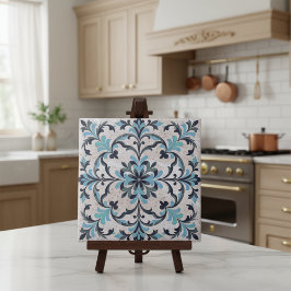 Mediterranean Blue Teal Antique Damask Flourish Fliese