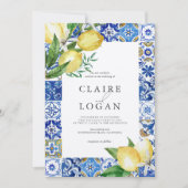 Mediterranean Blue Tile Citrus Lemon Wedding Einladung (Vorderseite)