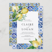 Mediterranean Blue Tile Citrus Lemon Wedding Einladung (Vorne/Hinten)