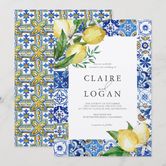 Mediterranean Blue Tile Citrus Lemon Wedding Einladung (Vorne/Hinten)