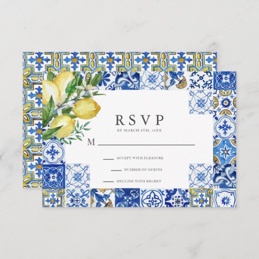 Mediterranean Blue Tile Citrus Lemon Wedding RSVP (Vorne/Hinten)