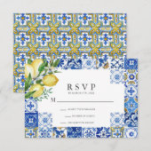Mediterranean Blue Tile Citrus Lemon Wedding RSVP Karte (Vorne/Hinten)