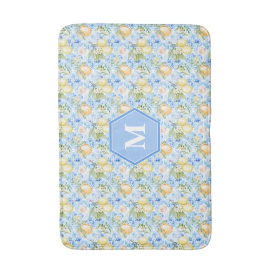 Mediterranean Blue Tile Limoncello Monogram Name Badematte (Vorderseite Vertikal)
