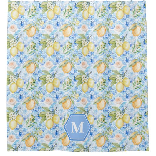 Mediterranean Blue Tile Limoncello Monogram Name Duschvorhang (Vorderseite)