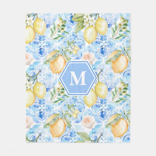 Mediterranean Blue Tile Limoncello Monogram Name Fleecedecke (Vorderseite)