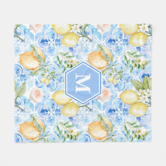 Mediterranean Blue Tile Limoncello Monogram Name Fleecedecke (Vorderseite (Horizontal))
