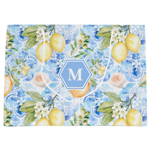 Mediterranean Blue Tile Limoncello Monogram Name Große Geschenktüte (Vorderseite)
