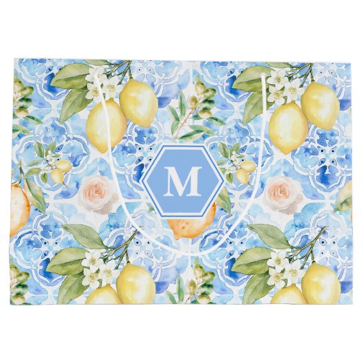 Mediterranean Blue Tile Limoncello Monogram Name Große Geschenktüte (Rückseite)