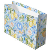 Mediterranean Blue Tile Limoncello Monogram Name Große Geschenktüte (Vorderseite Schrägansicht)