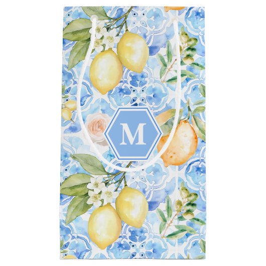 Mediterranean Blue Tile Limoncello Monogram Name Kleine Geschenktüte (Vorderseite)